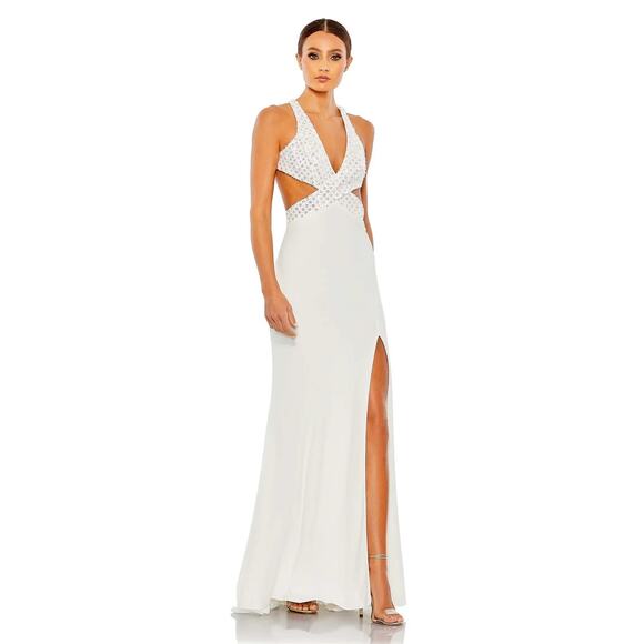 Mac Duggal 68166 White Floral Sequined Crisscross Bodice Gown Size 4 NWT - Picture 1 of 6